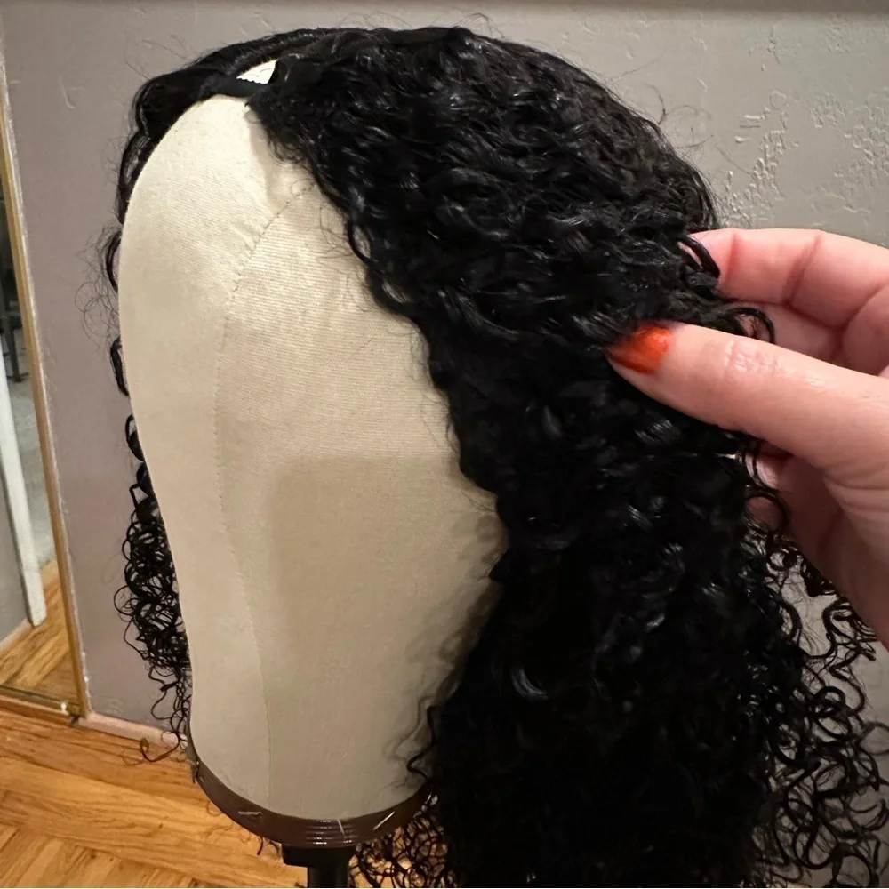 22” Nat Black Jerry Curly V Part Human Hair Wig‎ 150% Density glueless It#LG3